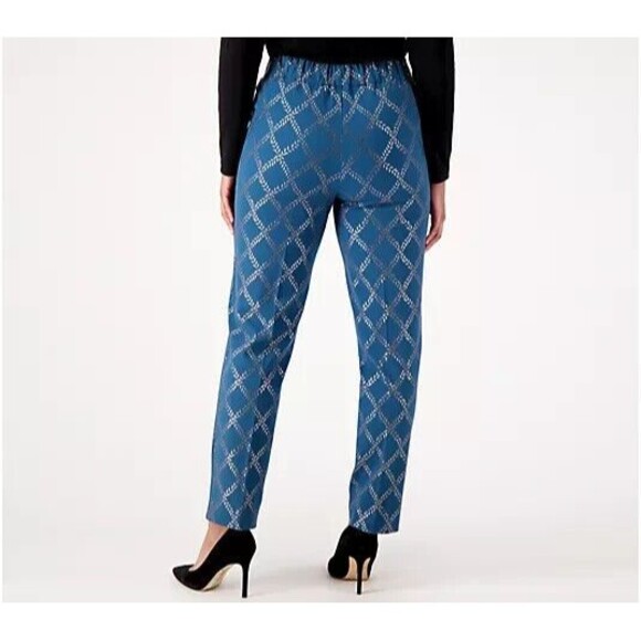 New Womens Isaac Mizrahi Live! Stretch Black Silver Foil Leaf Pants 18 T Tall - Picture 8 of 10